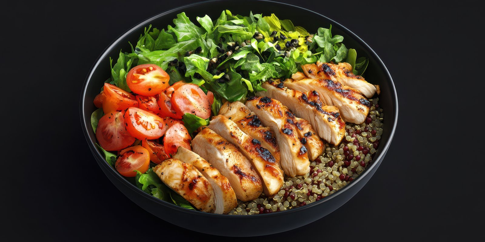 Grilled chicken salad bowl with quinoa, fresh greens, and cherry tomatoes for a healthy meal option